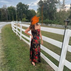 Floral Strapless Dress - Black and Red